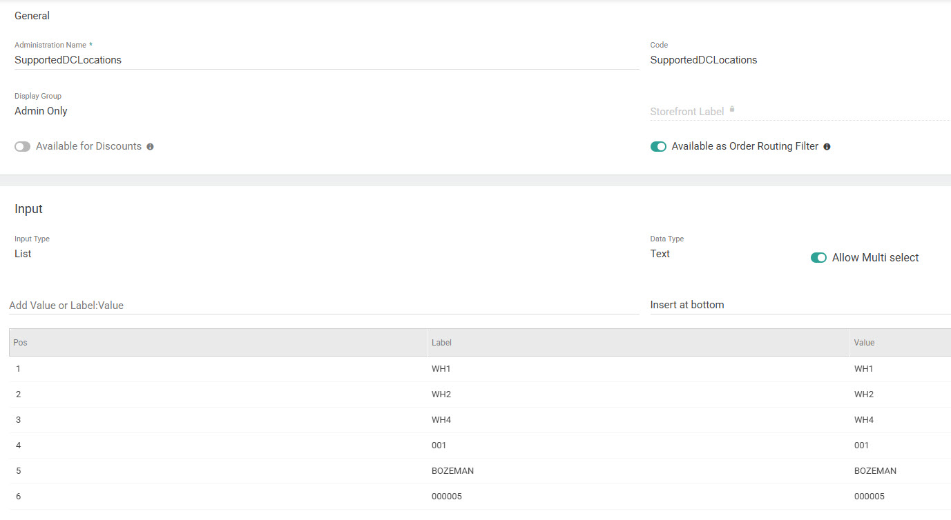 Attribute configurations showing a list of location options