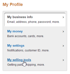Close-up of the My Profile options in PayPal and a callout of the "My selling tools" option