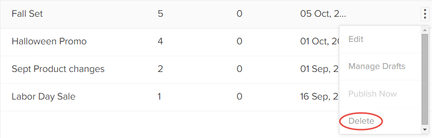Callout of the Delete button in the drop-down menu of the Publish Set table