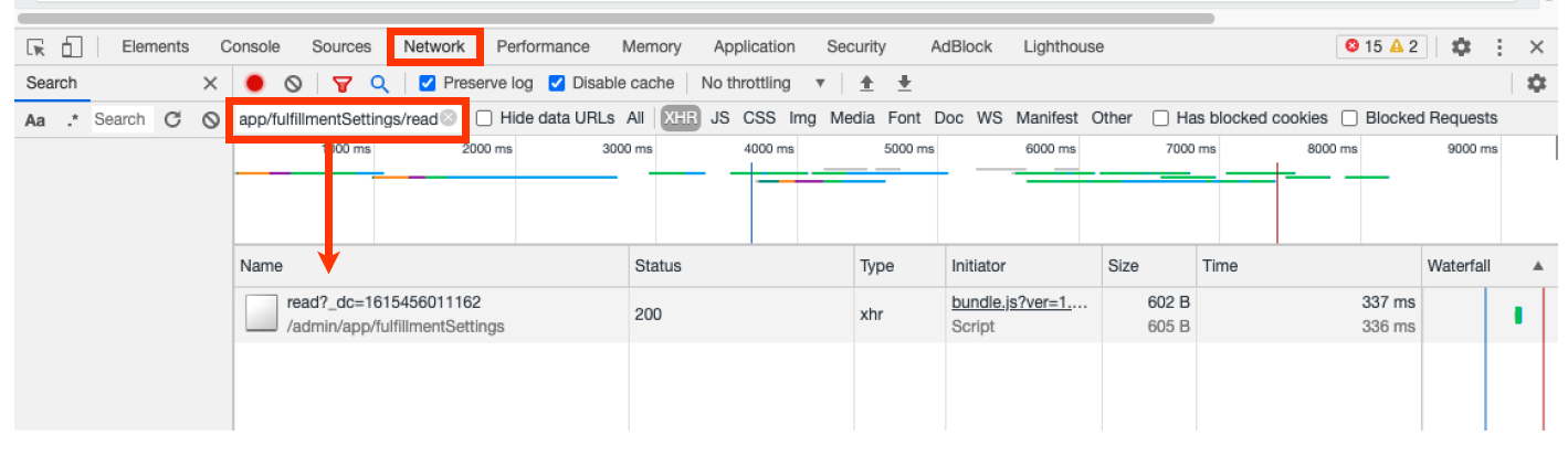 The browser Dev Tools application with callouts for the Network and Fulfillment Settings Read entry