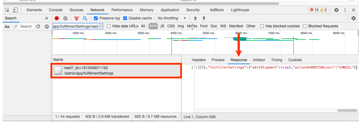 The browser Dev Tools application with a callout for the Response tab
