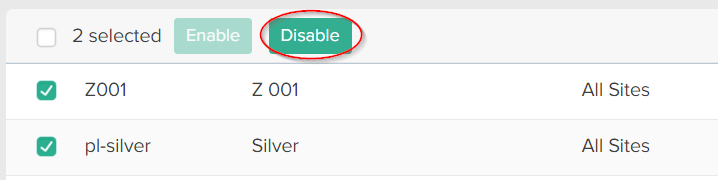 Close-up of the price list table with a callout for the Disable button
