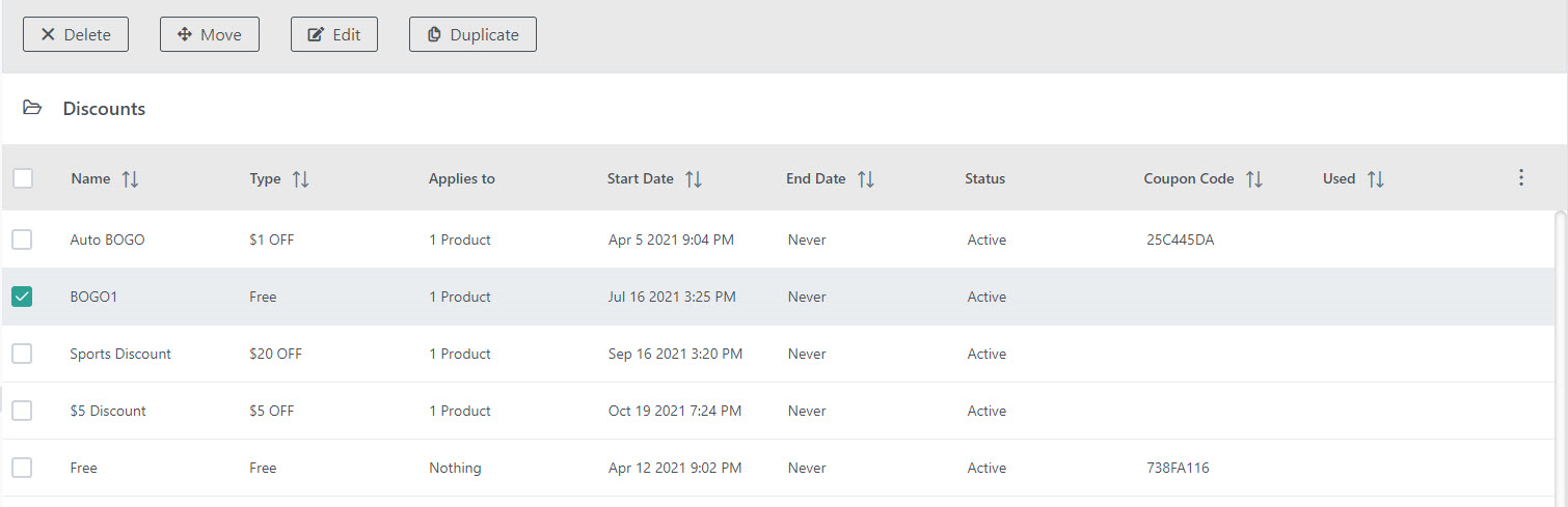 Close-up of the discounts table with an example discount selected