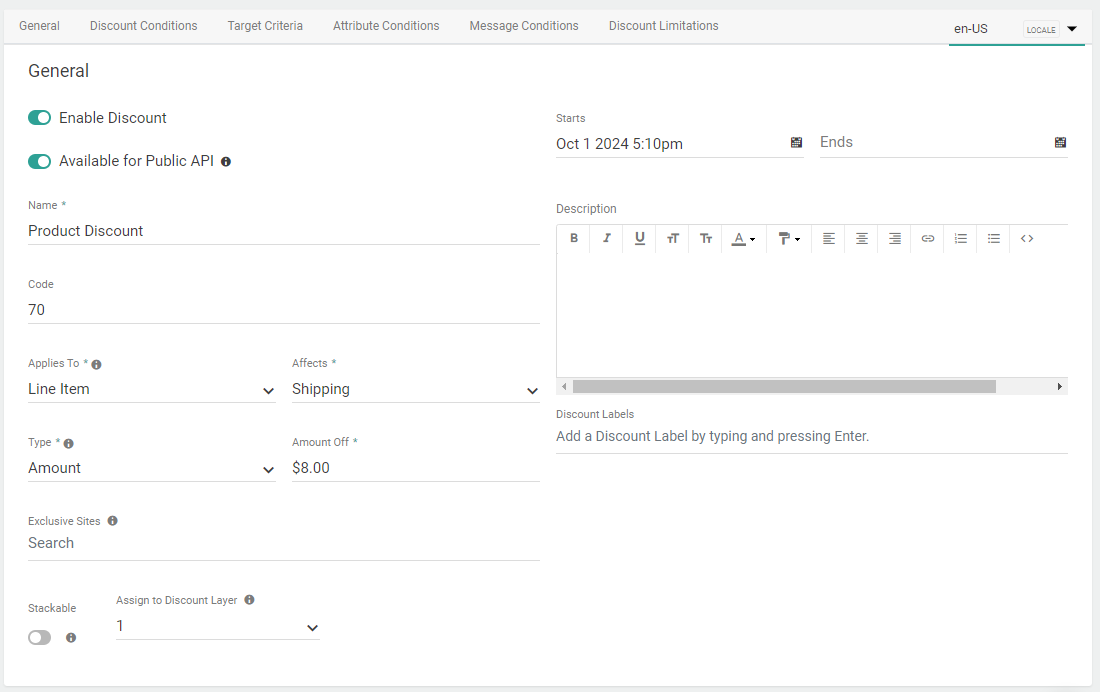 Close-up of the General settings section with example values for a shipping discount