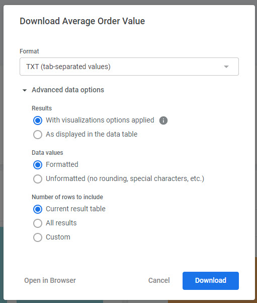 The Download modal for a tile with TXT format selected and advanced options expanded