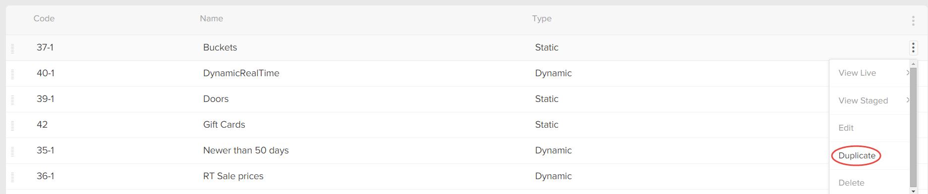 The Categories listing table with a callout for the Duplicate option in the action drop-down menu