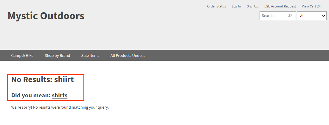 Screenshot of search listings with no result for "shiirt" but asking the user Did you mean "shirts" with a link to those results