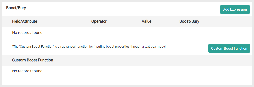 Zoomed screenshot of the Boost/Bury portion of Site Search settings