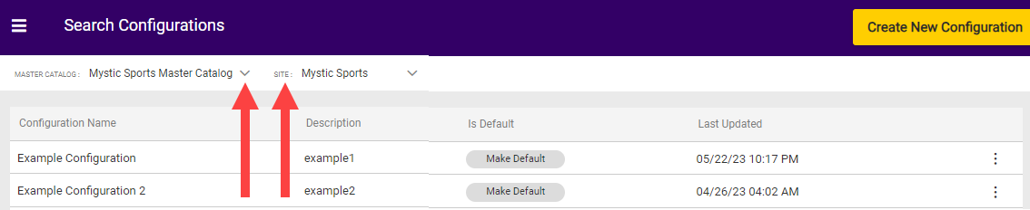 Screenshot of the search settings list page with arrows pointing to the Master drop-down menu and sites