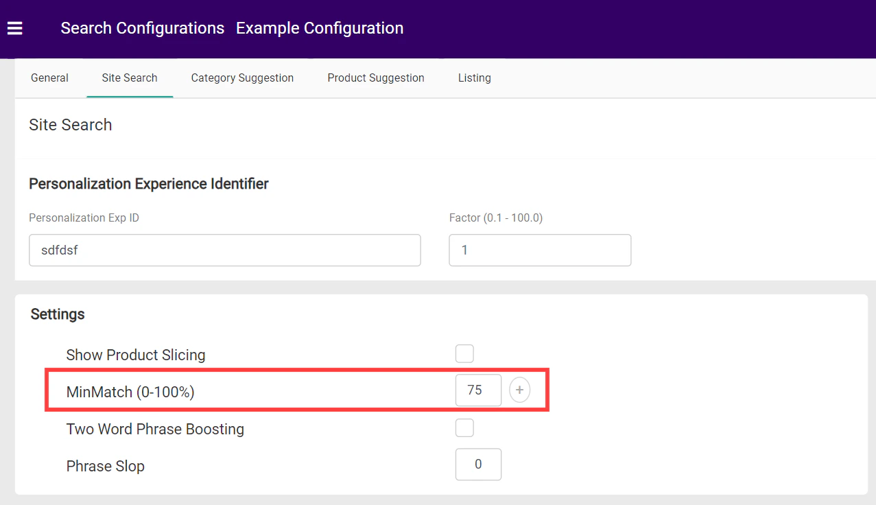 Screenshot of the MinMatch option within Site Search settings