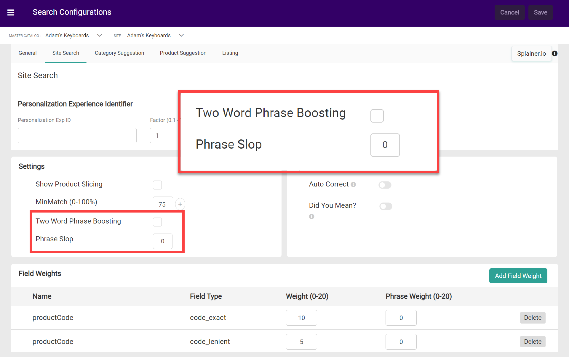 Screenshot of Phrase Slop and Two Word Phrase Boosting within the Site Search settings
