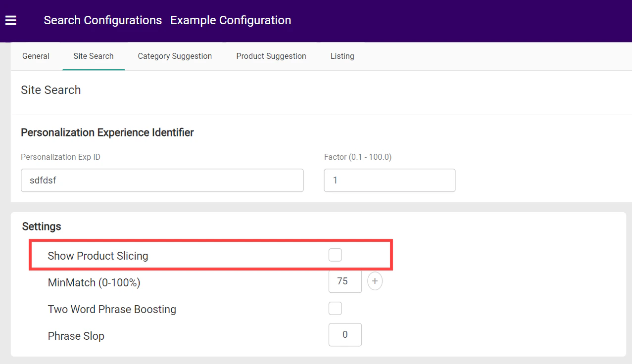 Screenshot of product slicing within the Site Search settings