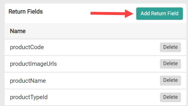 Screenshot of the Return Fields settings with an arrow pointing to the Add Return Field button