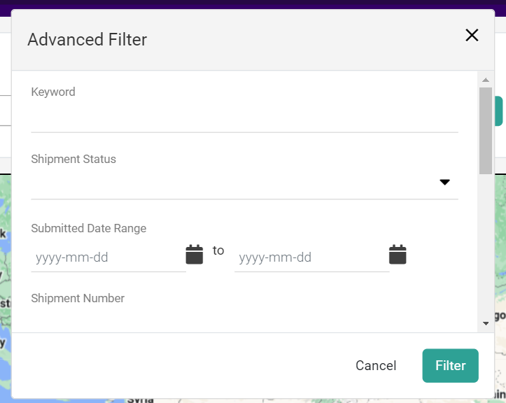 Close-up of the Advanced Filter search options