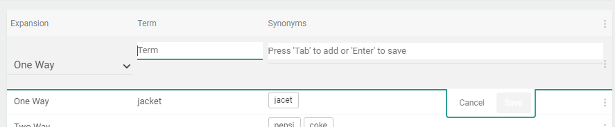 Close-up of the Expansion table with a callout for the Save button while editing a row