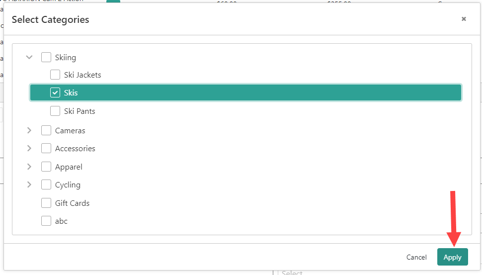 Pop-up prompting the user to select a category