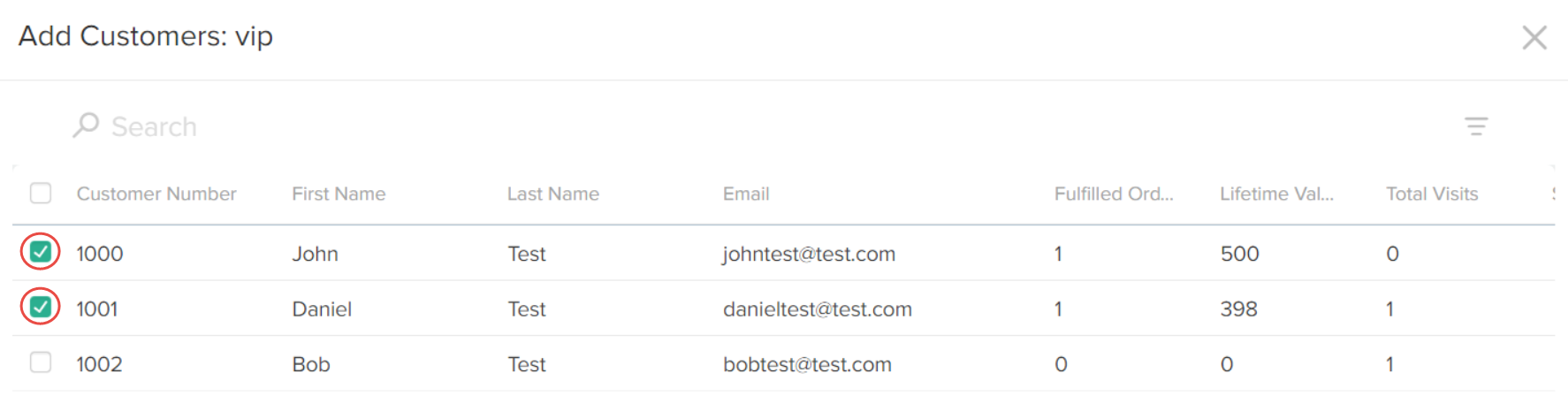 The Add Customers module with example customers selected