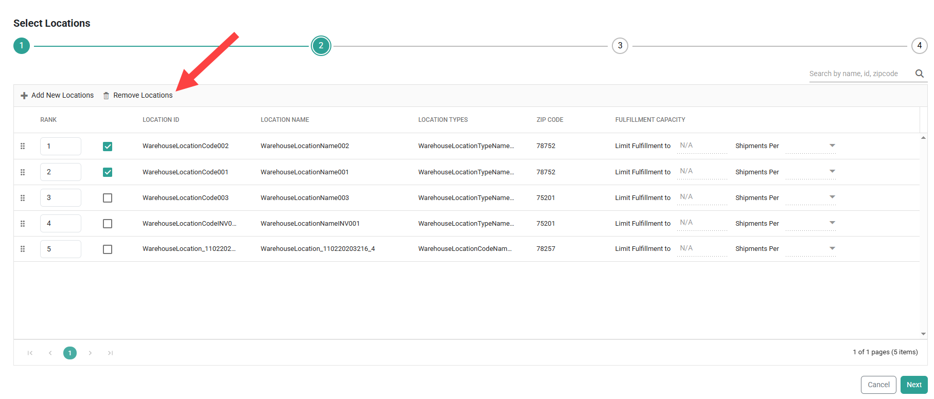 The Locations table with a few examples selected