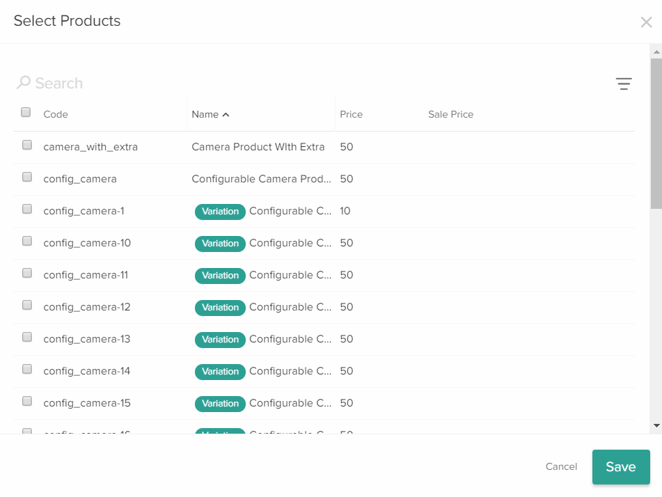 Select Products navigation module with Catalogs and "Save Products" button at top