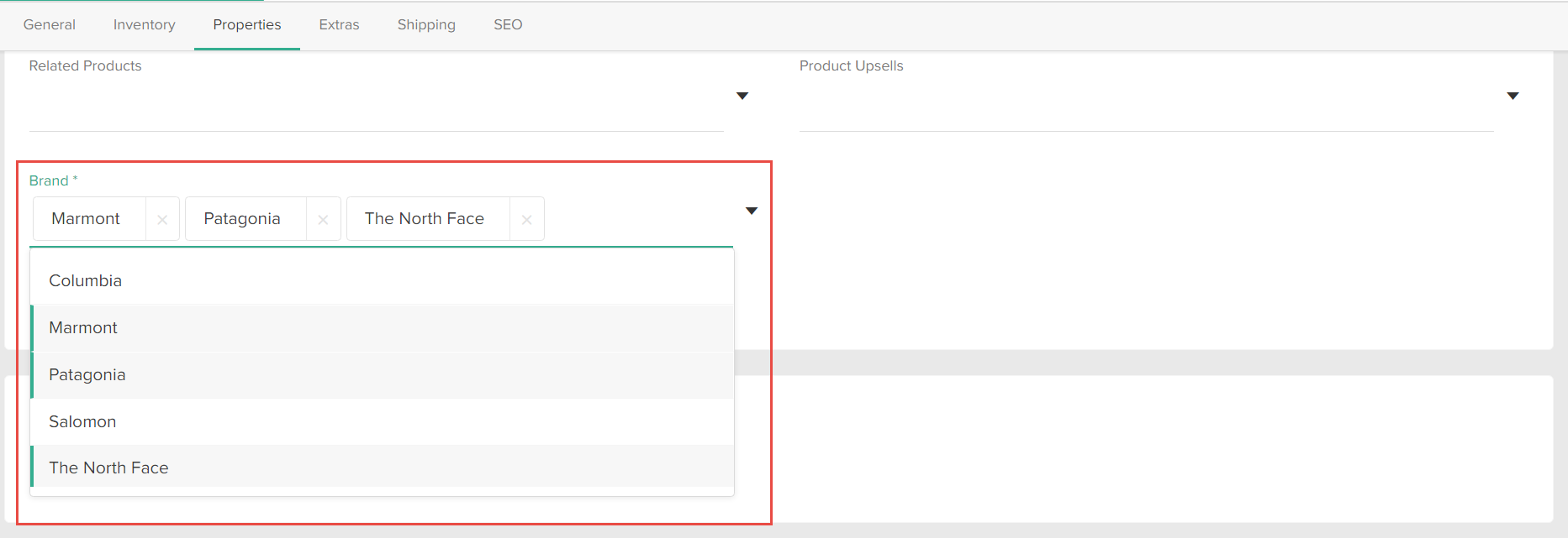 The Properties configuration tab with a callout for the Brand field and example values
