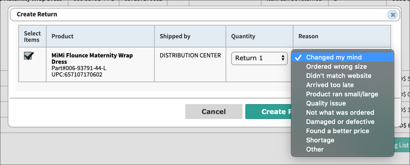 The Create Return module with a drop-down menu for return reasons