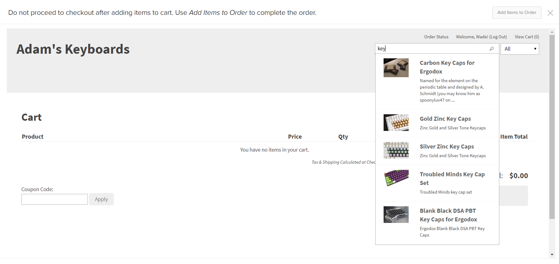 The cart module showing the search bar and drop-down list of search results