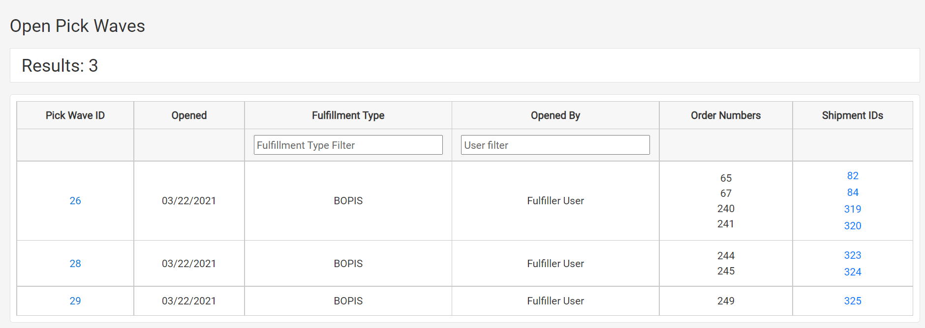 The Open Pick Waves page with example pick waves
