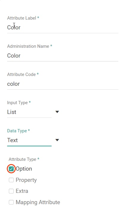View of attribute configurations with a callout for the Option attribute type toggle