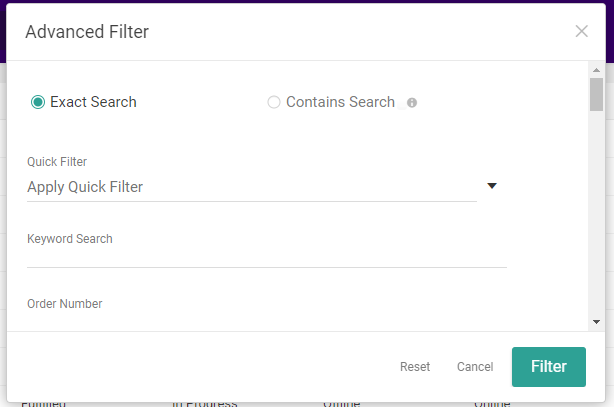Close-up of the Advanced Filter options