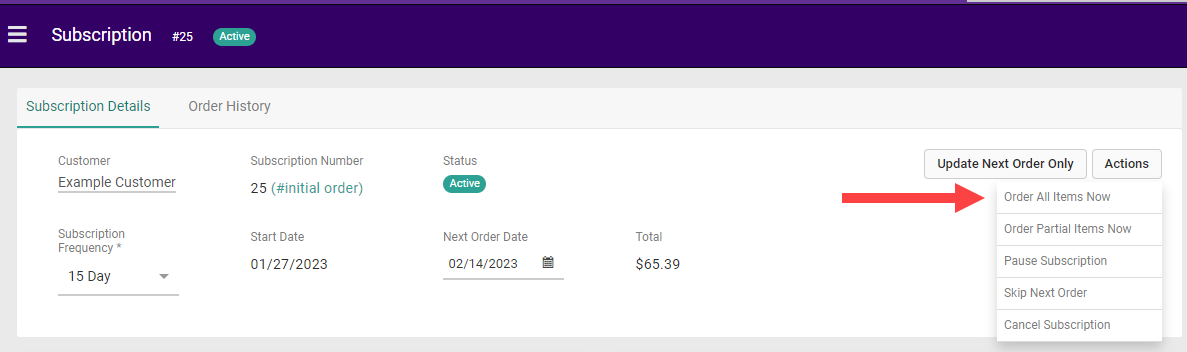 The Subscription Details page with a callout for Order All Items Now in the Actions menu