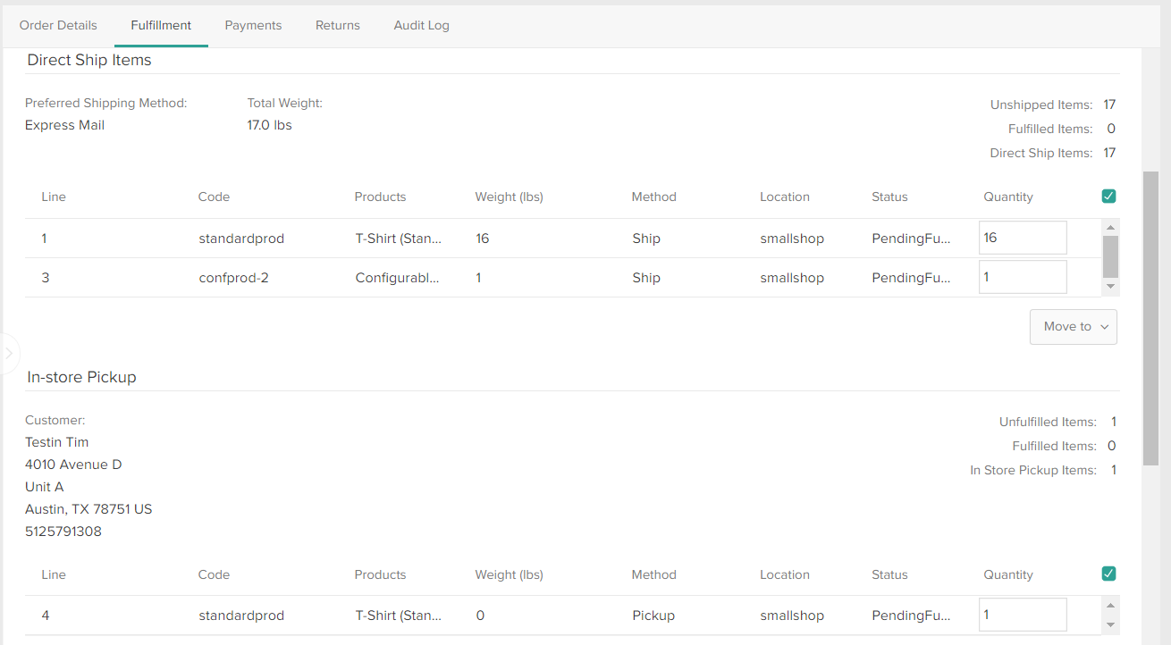 The Fulfillment tab of order details