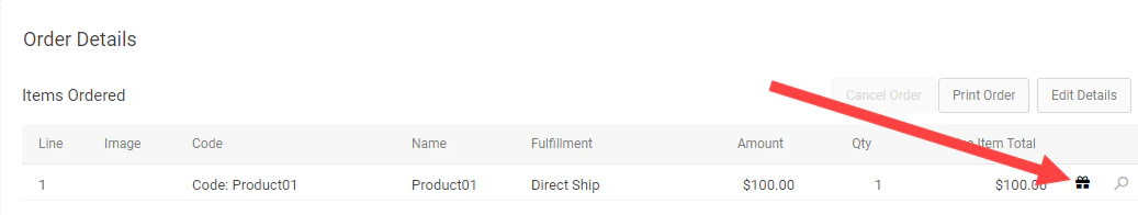 A line item on the Order Details page with an arrow pointing to a gift icon.