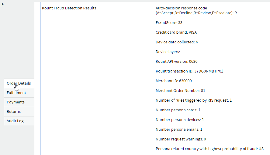 Example of Kount fraud results in order details