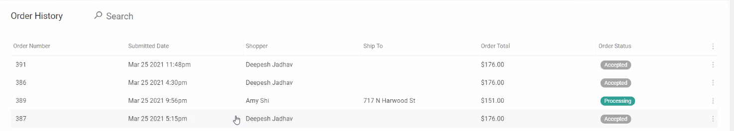 An example of the order history in B2B account details