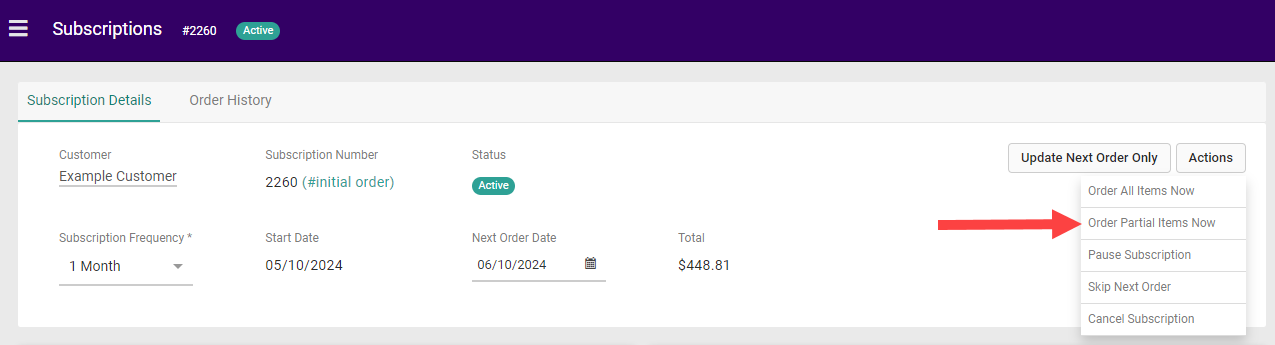 The Subscription Details page with a callout for Order Partial Items Now in the Actions menu