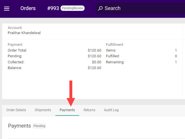 The order details page with a callout for the Payments tab