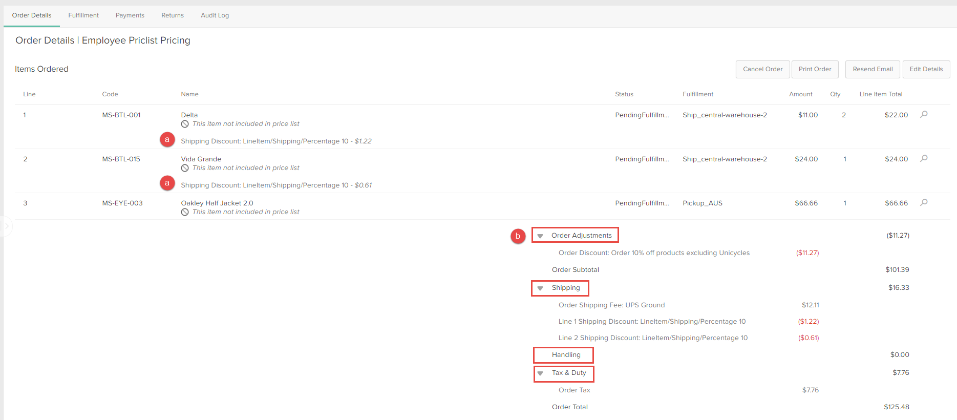 The Order Details tab with callouts for line items and their pricing summaries