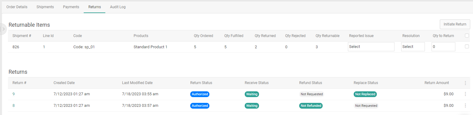 The Returns tab in order details with returnable items and an example return