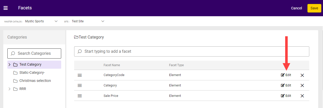 The Facets UI with a callout for the Edit button