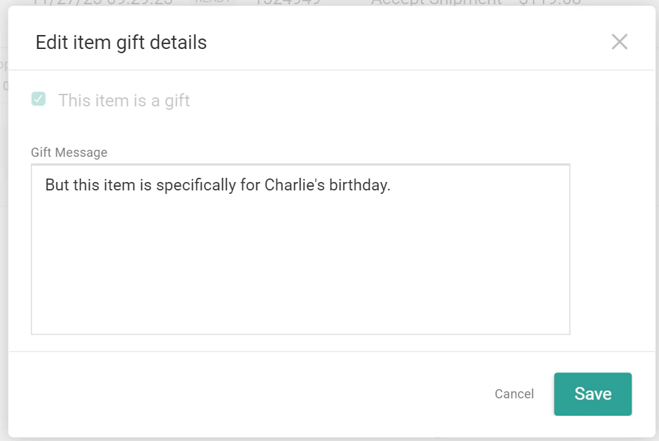The Edit Item Gift Details pop-up with an editable item message.