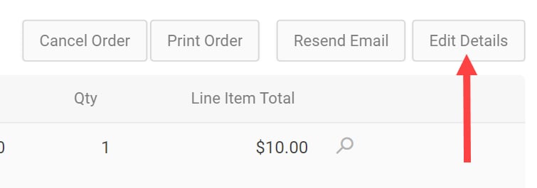 The order action buttons with a callout for the Edit Details button