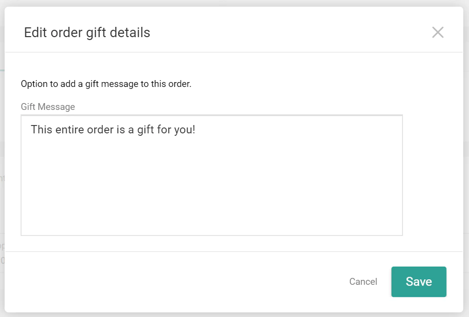 The Edit Order Gift Details pop-up with an editable order message.
