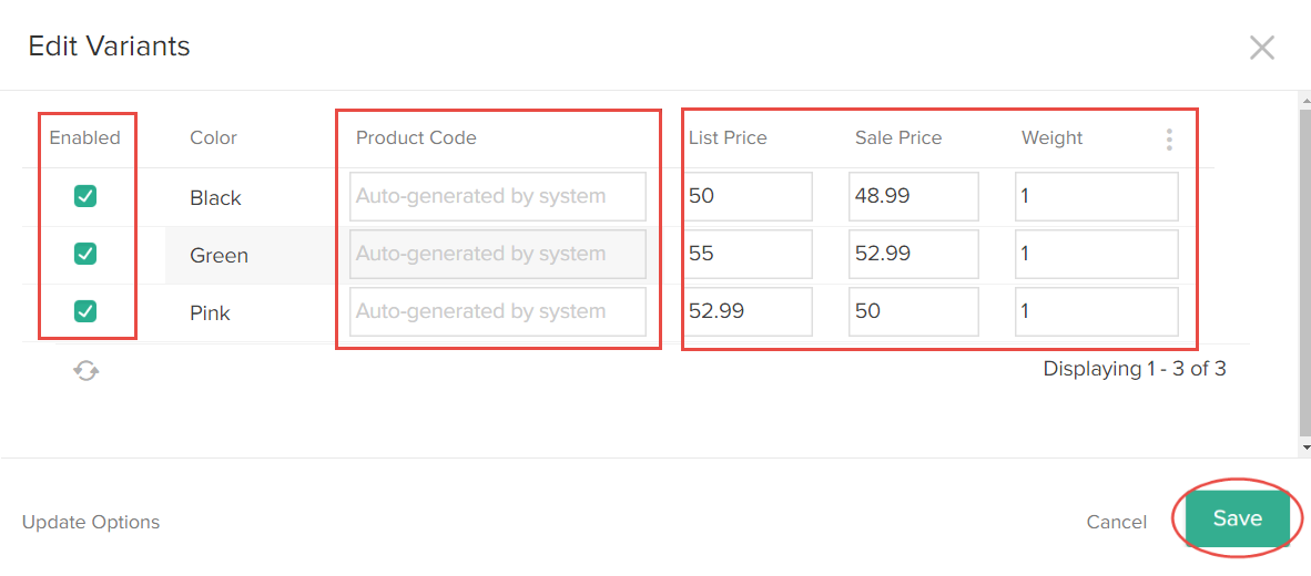The Edit Variants module with callouts for the Enabled, Product Code, List and Sale Price, and Weight columns and Save button