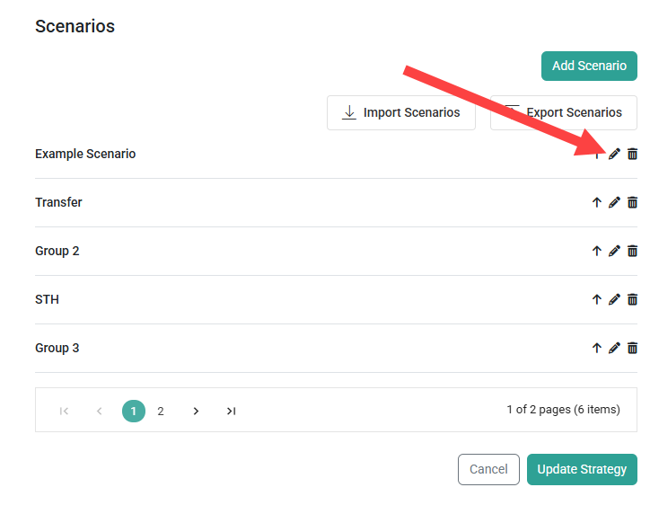 The Scenarios list with a callout for the edit button