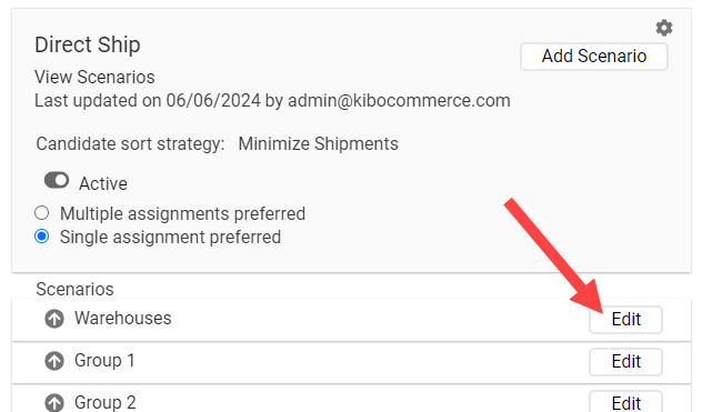A list of example scenarios with the Edit button called out
