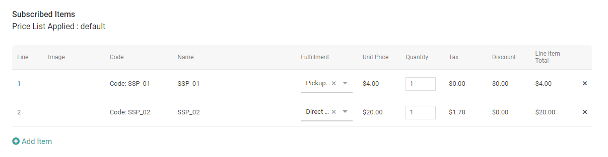 The subscribed items section of the subscription details