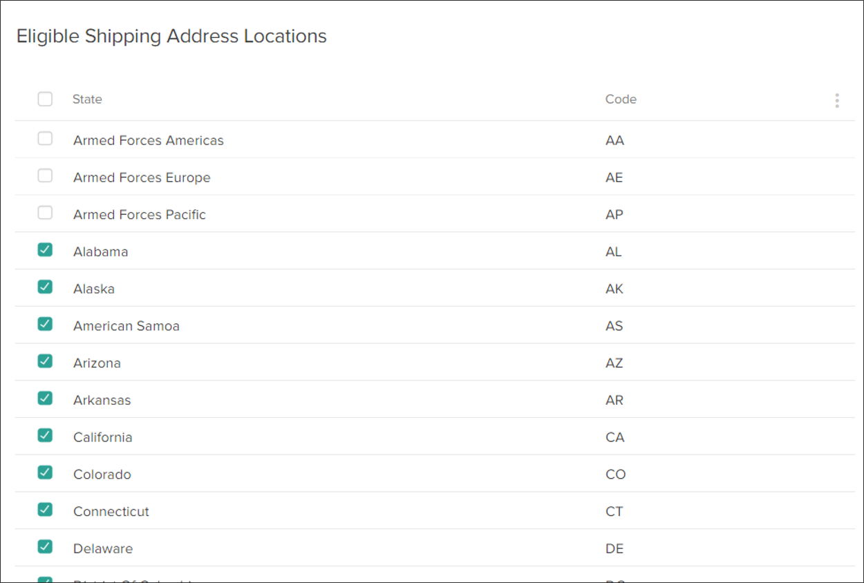 The Eligible Shipping Address Locations section with US states selected