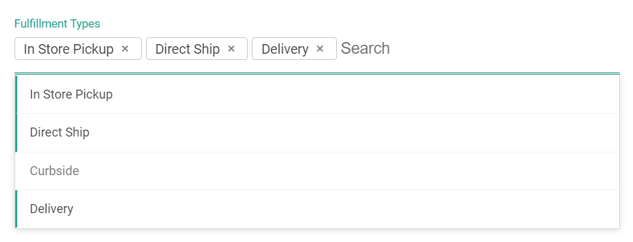 The Fulfillment Types configuration with In Store Pickup, Direct Ship, and Delivery selected