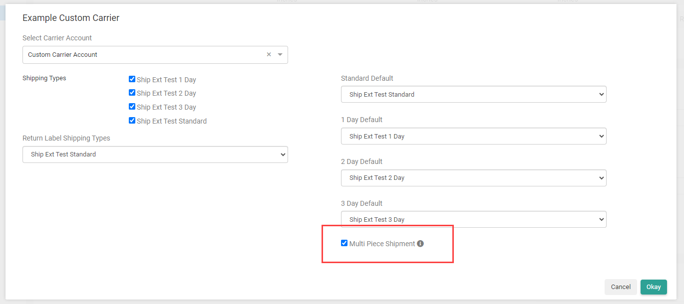 Custom carrier settings with the Multi Piece Shipment toggle enabled