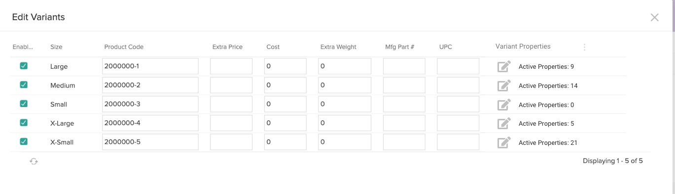 The Edit Variants section, showing a table of product variations